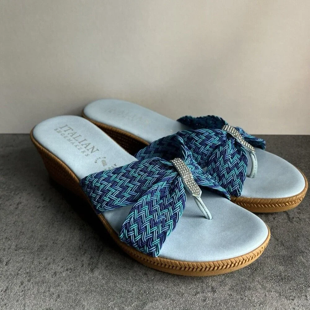 Italian Shoemakers Mixed Blue Rhinestone Sparkle Thong Wedge Sandals Size 9.5 M - Picture 12 of 16